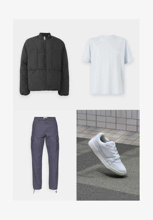 Giacca nera imbottita con colletto alto, zip frontale e due ampie tasche laterali. Presenta un tessuto liscio e leggero e un design trapuntato.; T-shirt di cotone azzurro chiaro con scollo rotondo e maniche corte. Presenta un piccolo logo bianco nella zona del petto sinistro. Texture liscia.; Pantaloni cargo in cotone grigio scuro. Presentano tasche laterali, una chiusura a bottone e orli regolabili con lacci. Design a gamba dritta con texture liscia.; Sneaker bianca in pelle con lati perforati, accenti testurizzati, lacci piatti e tallone grigio a contrasto. Presenta una suola leggermente elevata.