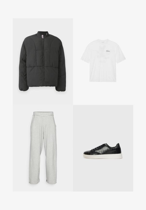 Czarna ocieplana kurtka z wysokim kołnierzem, zamkiem błyskawicznym z przodu oraz dwoma dużymi kieszeniami po bokach. Posiada gładki, lekki materiał oraz pikowaną strukturę.; Biała bawełniana koszulka z krótkim rękawem, z nadrukiem na przodzie, który głosi "Wznieś się ku spokoju" w czerni i zieleni.; Jasnoszare, szerokie spodnie dresowe z elastycznym paskiem w talii i bocznymi kieszeniami. Miękka tekstura z postrzępionymi detalami u nogawek.; Czarne sneakersy z teksturowaną cholewką ze skóry z tłoczeniem w kształcie krokodyla, okrągłym noskiem oraz kontrastującą białą gumową podeszwą o gładkim wykończeniu.