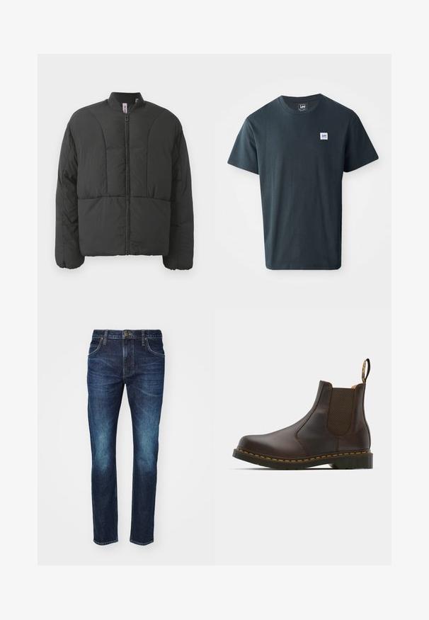 Chaqueta acolchada negra con un alto cuello, cremallera frontal y dos grandes bolsillos laterales. Presenta una tela suave y ligera con diseño acolchado.; Camiseta de algodón gris oscuro con un diseño de cuello redondo. Incluye una pequeña etiqueta rectangular azul y blanca en el lado izquierdo del pecho.; Jeans de mezclilla azul oscuro con un lavado deslavado, diseño de pierna recta, estilo de cinco bolsillos y cierre de botón en la cintura.; Bota Chelsea de cuero marrón con paneles laterales elásticos, tacón texturizado y costuras amarillas de contraste. Cuenta con una lengüeta para facilitar su puesta.