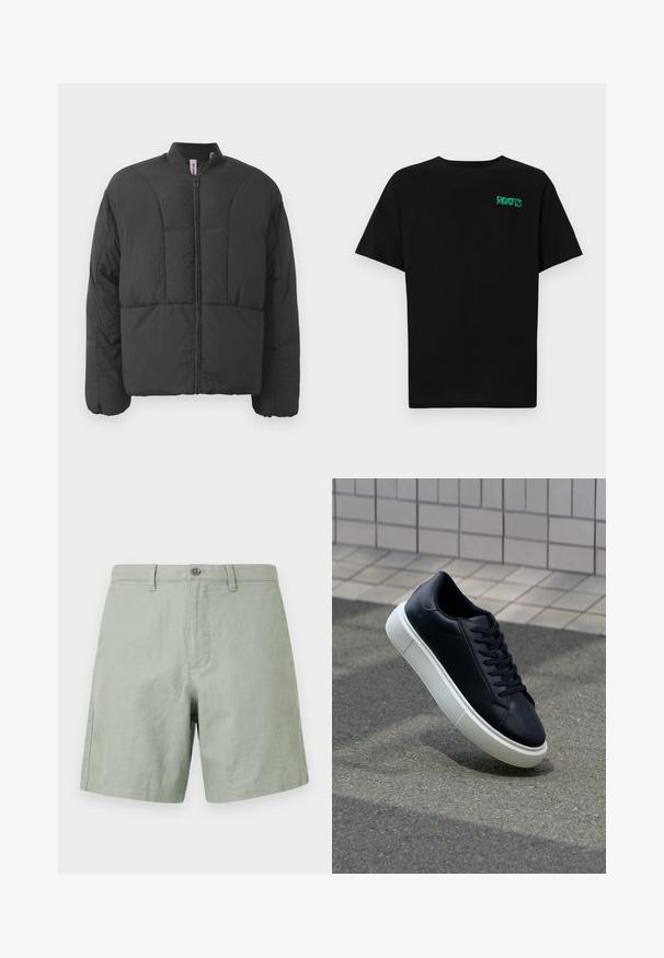 Black padded jacket with a high collar, front zipper, and two large side pockets. Features a smooth, lightweight fabric and quilted design.; Black t-shirt made of cotton with short sleeves. Features a green "ROOTS" logo on the front, round neckline, and standard fit.; Light green linen shorts with a flat front, single button closure, and side pockets. Flat hem with minimal stitching details.; Black leather sneaker with rounded toe and white rubber sole. Features flat laces and minimal stitching on the upper. Textured sole for grip.