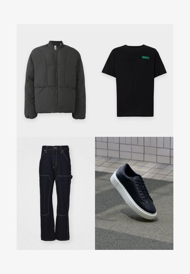 Veste matelassée noire avec un col haut, fermeture éclair frontale et deux grandes poches latérales. Elle présente un tissu lisse et léger avec un design matelassé.; T-shirt noir en coton à manches courtes. Présente un logo "ROOTS" vert sur le devant, un col rond et une coupe standard.; Pantalons en denim bleu foncé avec des coutures claires, design à jambes larges, poches avant et une poche utilitaire sur le côté. Taille ajustable avec une quincaillerie en métal.; Baskets noires en cuir avec bout arrondi et semelle en caoutchouc blanc. Elles présentent des lacets plats et une couture minimale sur la tige. Semelle texturée pour une bonne adhérence.