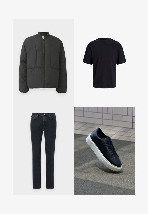 Mustaa vuorattua takkia, jossa on korkea kaulus, etuvetoketju ja kaksi suurta sivutaskua. Ominaisuuksina on sileä, kevyt kangas ja tikkikuvio.; Musta puuvillapaita, jossa on pyöreä kaula-aukko, lyhyet hihat ja rento muotoilu. Yksinkertainen ja sileä pinta, ilman näkyviä kuvioita tai koristeita.; Mustat farkut suoralla lahkeella, joissa on nappisulku, vyölenkit ja hillitty haalistuminen kankaassa.; Mustat nahkakengät, joissa on pyöristetty kärki ja valkoinen kumipohja. Varusteena litteät nauhat ja minimaalinen ommel ylhäällä. Teksturoitu pohja pitävyyden lisäämiseksi.