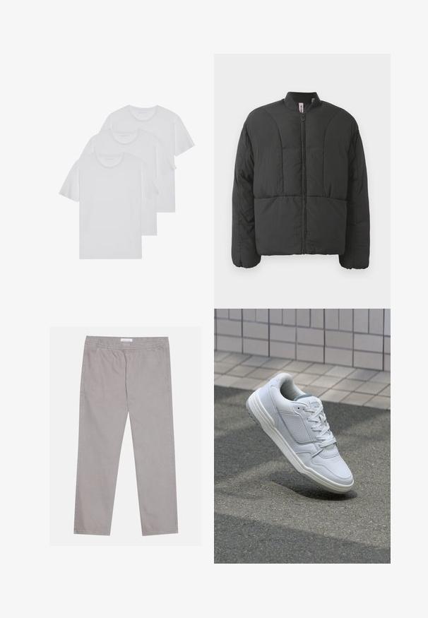 Giacca nera imbottita con colletto alto, zip frontale e due ampie tasche laterali. Presenta un tessuto liscio e leggero e un design trapuntato.; Tre T-shirt bianche in morbido cotone, con maniche corte e scollo rotondo, impilate ordinatamente con dettagli di cucitura minimi.; Pantaloni di cotone grigio chiaro con vita elastica, due tasche laterali, design a gamba dritta e una trama liscia. Dettaglio di cuciture semplice.; Sneaker bianca in pelle con lati perforati, accenti testurizzati, lacci piatti e tallone grigio a contrasto. Presenta una suola leggermente elevata.