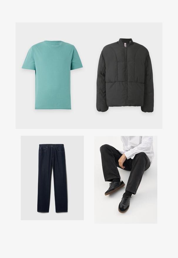 Casaco acolchoado preto com gola alta, fecho na frente e dois grandes bolsos laterais. Apresenta um tecido suave e leve, com design acolchoado.; Camiseta de algodão em azul-petróleo claro com decote redondo e mangas curtas. Textura suave e design simples, sem padrões ou detalhes.; Calças de ganga de perna reta em azul-escuro com design de cinco bolsos, fecho de botão e costura visível sobre um fundo claro e liso.; Sneakers pretos com parte superior lisa e texturada, apresentando uma sola de borracha e atacadores escuros. Combinados com jeans pretos e uma camisa branca às riscas.