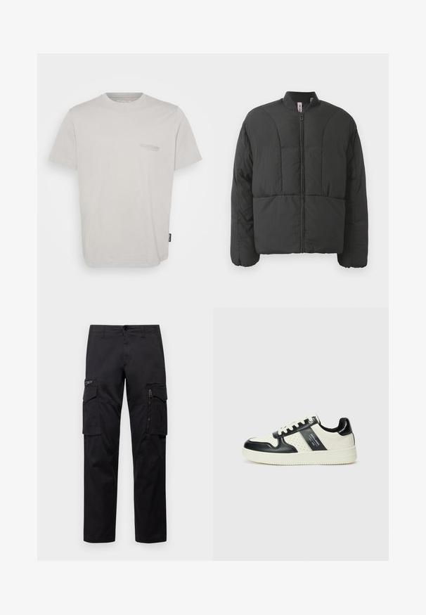 Sort polstret jakke med høj krave, frontlynlås og to store sidelommer. Har et glat, letvægtsstof og quiltet design.; Lys grå bomulds T-shirt med korte ærmer, rund hals og lille logo trykt på venstre bryst. Har en lige kant og sidelabel.; Sorte cargo-bukser med multiple lommer, en lynlåslomme på låret, lige pasform og holdbart bomuldsstof med let glans.; Lædersneakers i sort og creme farveskema, med perforerede detaljer, en polstret krave og en struktureret ydersål.