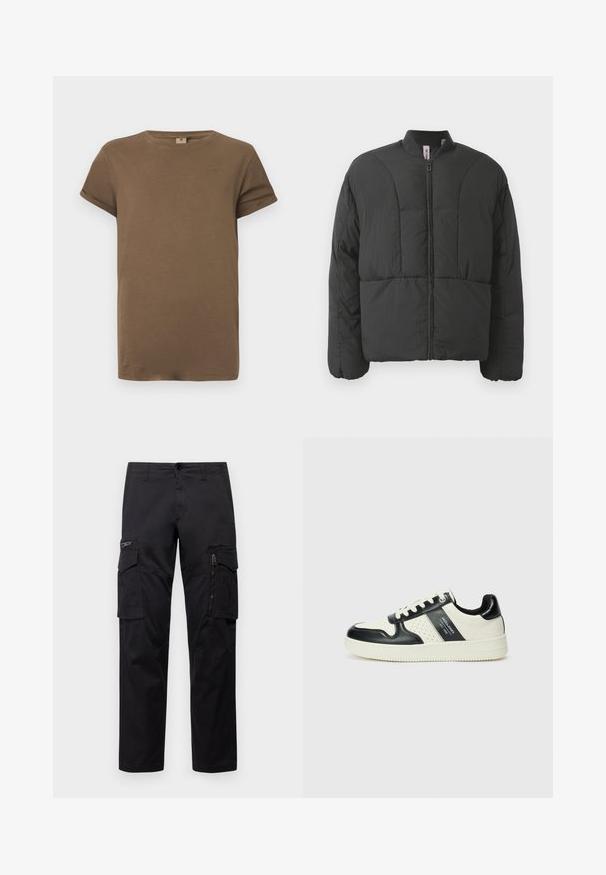 Must mustaga, millel on kõrge krae, esipikkus ja kaks suurt küljetaskut. Omab siledaid, kergeid kangaid ja tikanditud disaini.; Pruun lühikeste varrukatega puuvillane T-särk, millel on ümmargune kaelus ja üleskeeratud varrukad, esitatud lihtsa valge tausta ees.; Mustad mustree püksid, millel on mitu taskut, lukuulukuga tasku reie peal, sirge lõige ja tugevast puuvillast materjal, millel on kerge läige.; Nahatud nahkkingad musta ja kreemi värviskeemiga, millel on perforeeritud aktsendid, pehme krae ja tekstureeritud tallad.