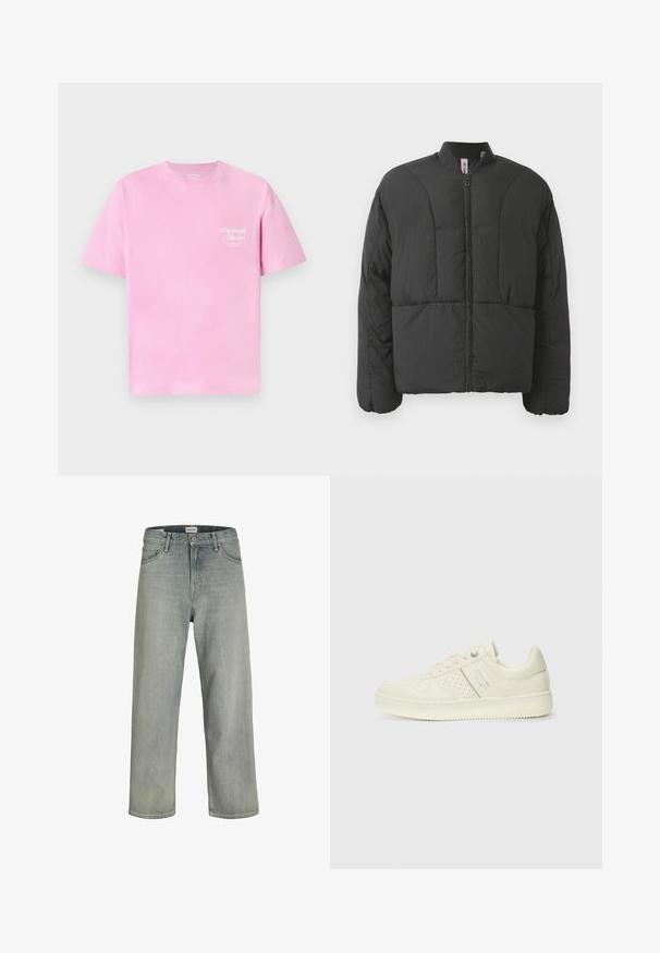 Mustaa vuorattua takkia, jossa on korkea kaulus, etuvetoketju ja kaksi suurta sivutaskua. Ominaisuuksina on sileä, kevyt kangas ja tikkikuvio.; Vaaleanpunainen puuvillapaita, jossa on pyöreä kaula-aukko ja lyhyet hihat. Paidassa on pieni valkoinen "Originals Studio" -teksti painettuna rintaan.; Vaaleanharmaat, löysät farkut, jotka on valmistettu denimistä. Ominaisuuksiin kuuluu klassinen viiden taskun muotoilu, vyölenkit ja suora lahjetyyli.; Valkokoska sneaker, jossa on rei'itettyjä yksityiskohtia, nauhat ja logo sivussa, esillä tasaisella valkoisella taustalla.