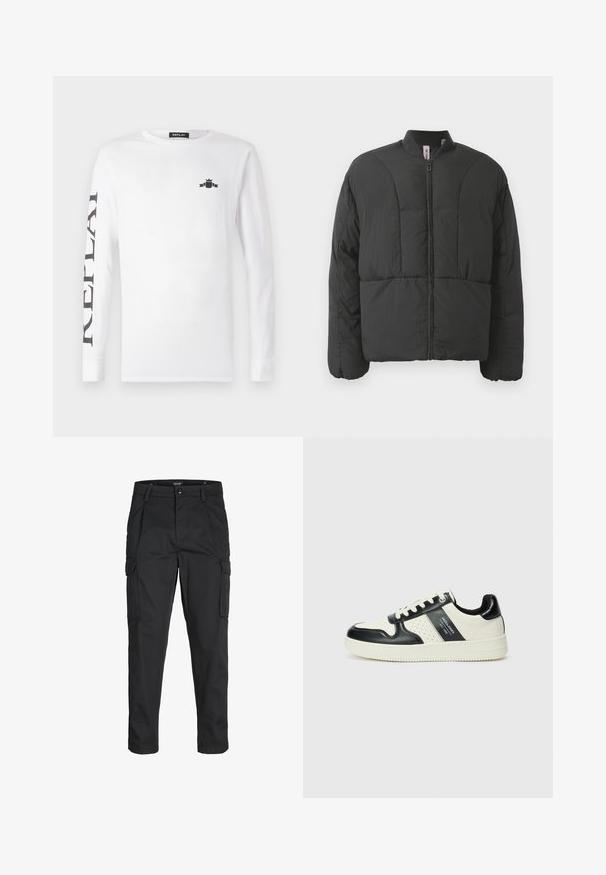 Schwarze gepolsterte Jacke mit hohem Kragen, Frontreißverschluss und zwei großen Seitentaschen. Sie zeichnet sich durch einen glatten, leichten Stoff und ein gestepptes Design aus.; Weißes Langarm-T-Shirt aus Baumwolle mit einem schwarzen Logo auf der Brust und "REPLAY" vertikal am linken Ärmel bedruckt.; Schwarze Cargo-Hose aus robustem Material, mit mehreren Taschen, einem Knopfverschluss und einem Slim-Fit-Design mit schmal zulaufenden Beinen.; Leder-Sneaker in Schwarz- und Cremetönen, mit perforierten Akzenten, einem gepolsterten Kragen und einer strukturierten Laufsohle.