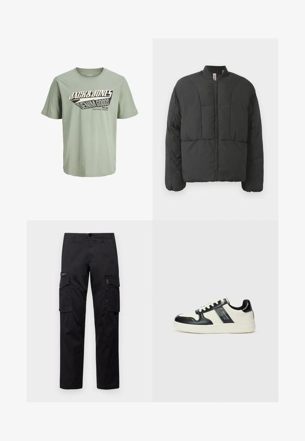 Zwarte gewatteerde jas met een hoge kraag, een voorrits en twee grote zijzakken. Voorzien van een gladde, lichte stof en een doorgestikt ontwerp.; Lichtgroene katoenen t-shirt met een zwart-wit grafisch ontwerp dat tekst bevat. Ronde hals, korte mouwen en een rechte zoom.; Zwarte cargobroek met meerdere zakken, een ritszak op de dij, rechte pasvorm en stevige katoen met een subtiele glans.; Leren sneakers met een zwart en crèmekleurig kleurenschema, voorzien van geperforeerde accenten, een gevoerde kraag en een gestructureerde buitenzool.