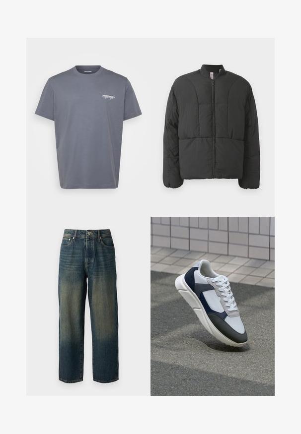 Geacă neagră căptușită, cu guler înalt, fermoar pe față și două buzunare laterale mari. Are un material neted, ușor și un design matlasat.; Tricou gri din bumbac cu mâneci scurte, decolteu rotund și un mic logo alb "ORIGINALS" pe partea stângă a pieptului. Textură netedă, croială clasică.; Jeans din denim albastru cu croi drept, având un design decolorat cu nuanțe mai deschise spre tiv, cinci buzunare și închidere cu buton.; Tenisi albi, bleumarin și gri, cu un design din materiale mixte, având un superior texturat, șireturi plate și o talpă căptușită.