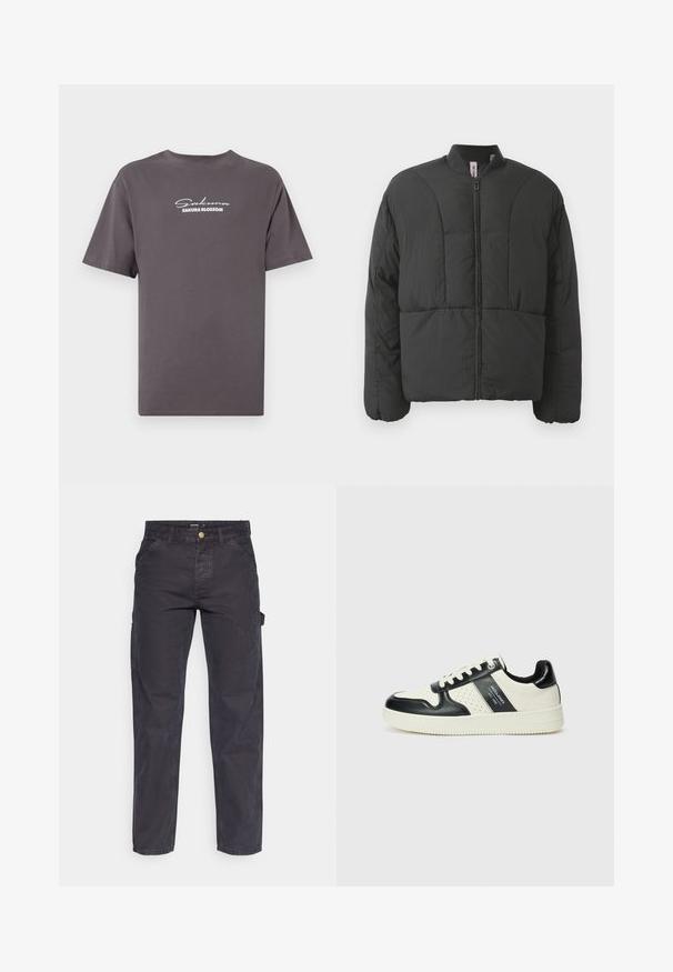 Black padded jacket with a high collar, front zipper, and two large side pockets. Features a smooth, lightweight fabric and quilted design.; Gray cotton t-shirt, short sleeves, round neck, featuring white printed text "Sakura Blossom" in cursive and block lettering on the front.; Dark gray cargo pants made of durable fabric, featuring a straight-leg cut, five pockets, and a button closure at the waist.; Leather sneakers with a black and cream color scheme, featuring perforated accents, a padded collar, and a textured outsole.