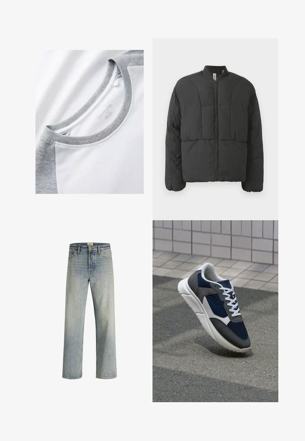 Schwarze gepolsterte Jacke mit hohem Kragen, Frontreißverschluss und zwei großen Seitentaschen. Sie zeichnet sich durch einen glatten, leichten Stoff und ein gestepptes Design aus.; Kurzarm-T-Shirt mit einem weißen Körper und grauen Raglanärmeln. Runder Halsausschnitt mit einer weichen, glatten Textur. Markenetikett sichtbar.; Helle blaue Jeans mit einem schnittigen, geraden Bein, hoher Taille und subtiler Ausbleichung. Verfügt über fünf Taschen und einen klassischen Knopfverschluss.; Sneaker mit einem Obermaterial aus navyblauem Mesh, grauen Wildlederelementen, einer weißen Gummisohle und flachen weißen Schnürsenkeln, entworfen für Komfort und Atmungsaktivität.