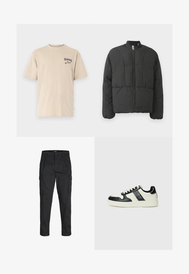 Giacca nera imbottita con colletto alto, zip frontale e due ampie tasche laterali. Presenta un tessuto liscio e leggero e un design trapuntato.; T-shirt beige a maniche corte realizzato in cotone. Presenta una stampa grafica sul petto sinistro con il testo "ALABAMA Rodeo" e un'icona a forma di stella.; Pantaloni cargo neri realizzati in un tessuto resistente, dotati di molteplici tasche, chiusura con bottone e un design aderente con gambe affusolate.; Sneakers in pelle con una combinazione di colori nero e crema, dotati di dettagli perforati, collare imbottito e suola testurizzata.