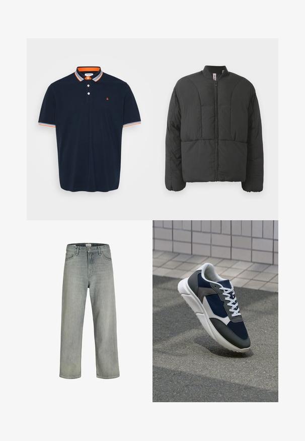 Juodas paminkštintas švarkas su aukštu apykakle, priekiniais užtrauktukais ir dviem didelėmis šoninėmis kišenėmis. Pasižymi lygiu, lengvu audiniu ir siuvinėjimu.; Tamsiai mėlynas polo marškinėlis iš medvilnės, su apykakle, kuri turi oranžines ir pilkas juosteles, trijų mygtukų užsegimą ir mažą siuvinėtą logotipą ant krūtinės.; Šviesiai pilkos, laisvai krentančios džinsinės kelnės. Turi klasikinį penkių kišenių dizainą, diržo kilpas ir tiesius kojų siluetus.; Sportiniai bateliai su tamsiai mėlynu tinkliniu viršumi, pilkais zomšiniais akcentais, balta guma padanga ir plokščiomis baltomis raištelėmis, sukurti komfortui ir oro pralaidumui.