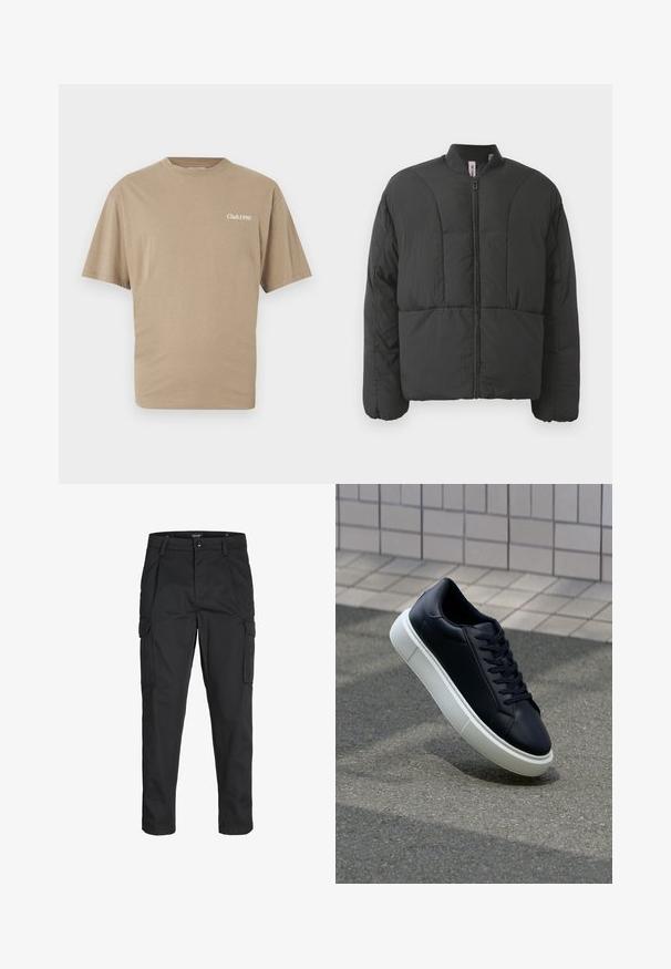 Svart polstret jakke med høy krage, frontglidelås og to store sidelommer. Har et glat, lett stoff og quiltet design.; Beige bomull t-skjorte med korte ermer og rund hals. Har "Club1990" trykt i hvitt på venstre bryst. Glatt tekstur, vanlig passform.; Sorte cargo bukser laget av slitesterkt stoff, med flere lommer, knappelukking og en slim fit-design med avsmalnede ben.; Sorte skinnsneakers med rund tå og hvit gummisåle. Har flate lisser og minimal søm på overdelen. Strukturert såle for grep.