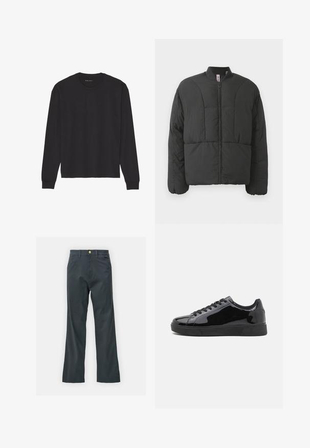 Schwarze gepolsterte Jacke mit hohem Kragen, Frontreißverschluss und zwei großen Seitentaschen. Sie zeichnet sich durch einen glatten, leichten Stoff und ein gestepptes Design aus.; Schwarzes Langarm-T-Shirt aus weicher Baumwolle. Verfügt über einen klassischen Rundhalsausschnitt, gerippte Bündchen und eine lockere Passform. Einfaches Design, keine Muster.; Schwarze Hose mit geradem Bein, aus einem Baumwollmix. Verfügt über einen Metallknopfverschluss und seitliche Taschen. Keine sichtbaren Muster.; Schwarze Lackledersneaker mit runder Spitze, flacher Gummisohle und schwarzen Schnürsenkeln. Glatte, glänzende Textur auf der Oberfläche.