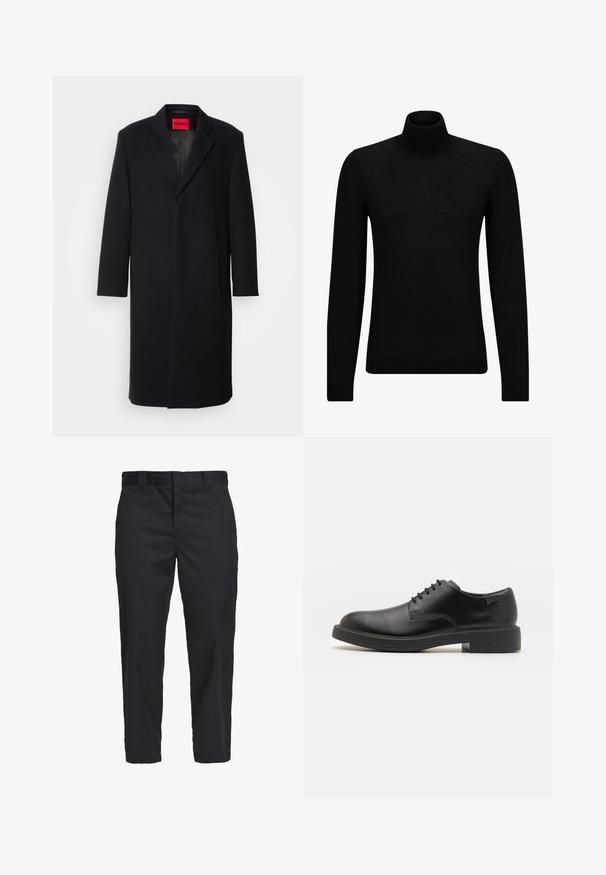 Black wool blend coat with a notched lapel, two front pockets, and a straight cut. Features a red brand label inside. Smooth texture.; Black turtleneck sweater made of soft material, featuring long sleeves and a snug fit. Ribbed trim at the hem and cuffs. Simple design.; Black chinos made of lightweight cotton fabric, featuring a straight-leg cut, side pockets, and a button closure at the waistband.; Black leather lace-up shoe with a rounded toe, smooth texture, minimal stitching, and a low rubber heel. Logo on the heel.