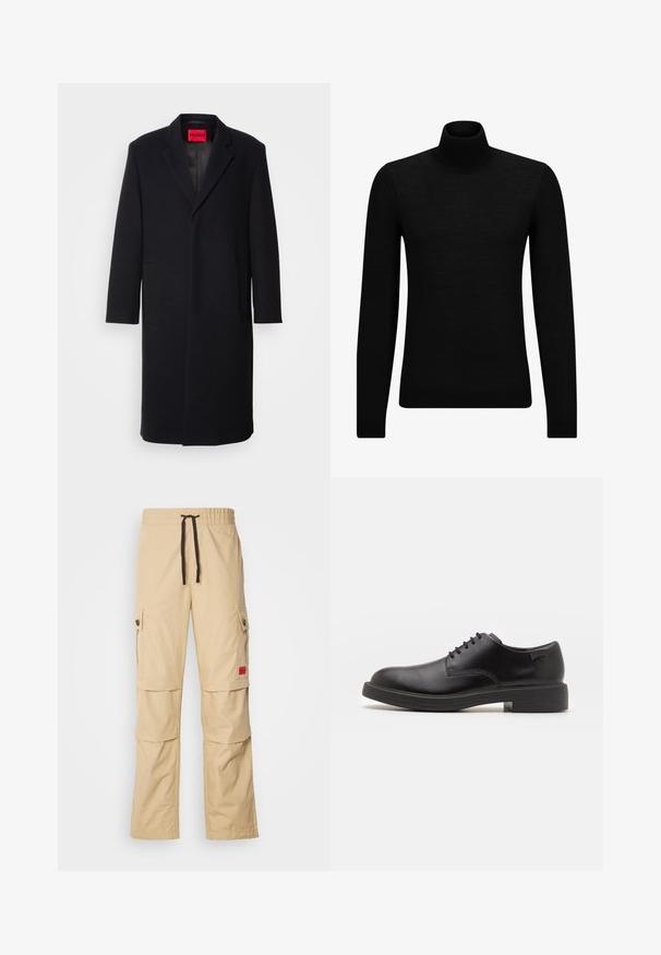Črn plašč iz volnenega mešanega materiala z zareznim ovratnikom, dvema sprednjima žepoma in ravnim krojem. Notranjost vsebuje rdečo oznako blagovne znamke. Gladka tekstura.; Črna turtleneck pulover iz mehkega materiala, z dolgimi rokavi in tesnim prileganjem. R ibana obroba na robu in rokavih. Preprosta zasnova.; Bež hlače cargo z elastičnim pasom, črnim zategovalnim vrvico, stranskimi žepi in majhnim rdečim logotipom na stegnu.; Črne usnjene čipkaste čevlje z zaobljenim nosom, gladko teksturo, minimalnim šitjem in nizkim gumijastim peto. Logo na peti.