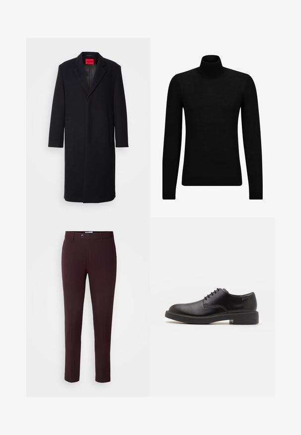 Črn plašč iz volnenega mešanega materiala z zareznim ovratnikom, dvema sprednjima žepoma in ravnim krojem. Notranjost vsebuje rdečo oznako blagovne znamke. Gladka tekstura.; Črna turtleneck pulover iz mehkega materiala, z dolgimi rokavi in tesnim prileganjem. R ibana obroba na robu in rokavih. Preprosta zasnova.; Temno burgundske hlače skrbne kroja, z gumbom za zapiranje, zanka za pas in sprednjimi pregibi. Gladek material s sijočim dizajnom.; Črne usnjene čipkaste čevlje z zaobljenim nosom, gladko teksturo, minimalnim šitjem in nizkim gumijastim peto. Logo na peti.