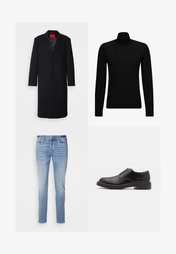 Black wool blend coat with a notched lapel, two front pockets, and a straight cut. Features a red brand label inside. Smooth texture.; Black turtleneck sweater made of soft material, featuring long sleeves and a snug fit. Ribbed trim at the hem and cuffs. Simple design.; Scotch & Soda RALSTON - Slim fit jeans - freshen up dark; Black leather lace-up shoe with a rounded toe, smooth texture, minimal stitching, and a low rubber heel. Logo on the heel.
