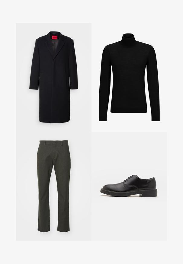 Mustmustest mustraaviga jope, millel on lõikega krae, kaks esistaskut ja sirge lõige. Siseservas on punane brändi silt. Sile tekstuur.; Musthave muströid ja pehmest materjalist must turtleneck, millel on pikad varrukad ja tihe istuvus. Ribaga ääris allservas ja vöökohal. Lihtne disain.; Tumed rohelised kohandatud püksid sirge lõikega, millel on lame eesmine osa, kaks külgtaskut ja sile tekstuur.; Must beemel levalis kingad ümarate varvastega, sileda pinnaga, minimaalsete õmblustega ja madala kummist kontsaga. Logo kontsa peal.