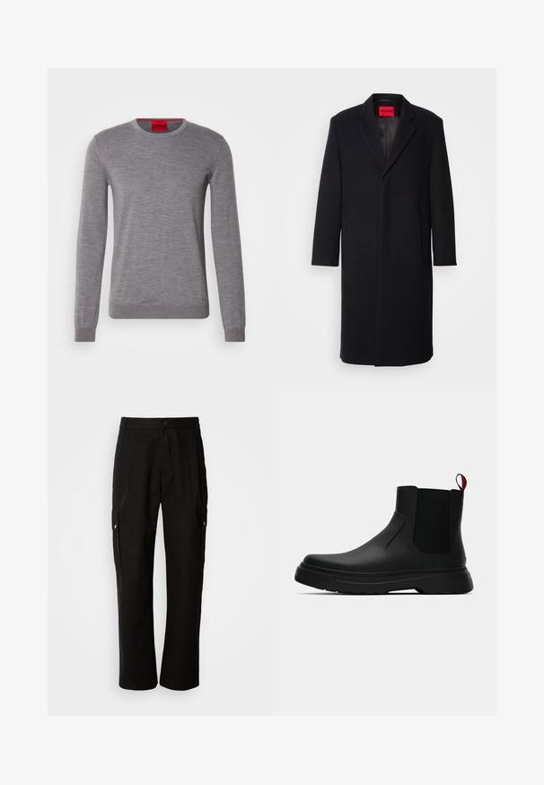 Czarny płaszcz z wełny z wyciętym kołnierzem, dwoma przednimi kieszeniami i prostym krojem. Wewnątrz znajduje się czerwona metka marki. Gładka tekstura.; HUGO SAN CEDRIC szary; Czarne spodnie cargo wykonane z bawełny, o luźnym kroju, z bocznymi kieszeniami, z zapięciem na guzik i prostymi nogawkami. Prosty design bez wzorów.; Czarny botek za kostkę o gładkim wykończeniu, z elastycznymi bocznymi panelami i kontrastującą czerwoną pętelką, z grubą gumową podeszwą i zaokrąglonym noskiem.