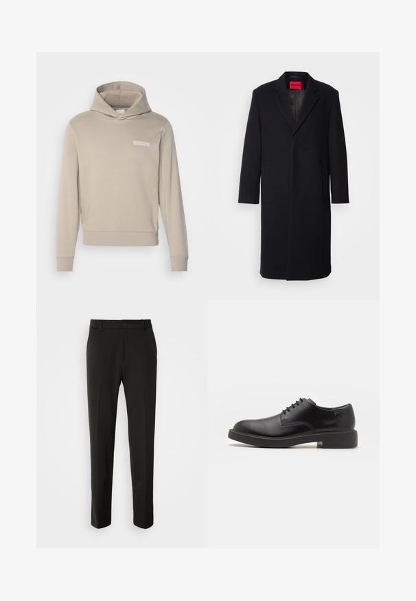 Cappotto in misto lana nero con rever a lancia, due tasche frontali e taglio dritto. Presenta un'etichetta rossa del marchio all'interno. Texture liscia.; Felpa con cappuccio beige, dal taglio relaxed fit, con tasca frontale, polsini a coste e un piccolo logo bianco applicato sul petto. Tessuto morbido in misto cotone.; Pantaloni neri realizzati in tessuto liscio, con gamba dritta, chiusura con bottone e un design classico adatto per abbigliamento formale o casual.; Scarpa nera in pelle con lacci, punta tonda, texture liscia, cuciture minime e tacco in gomma basso. Logo sul tacco.