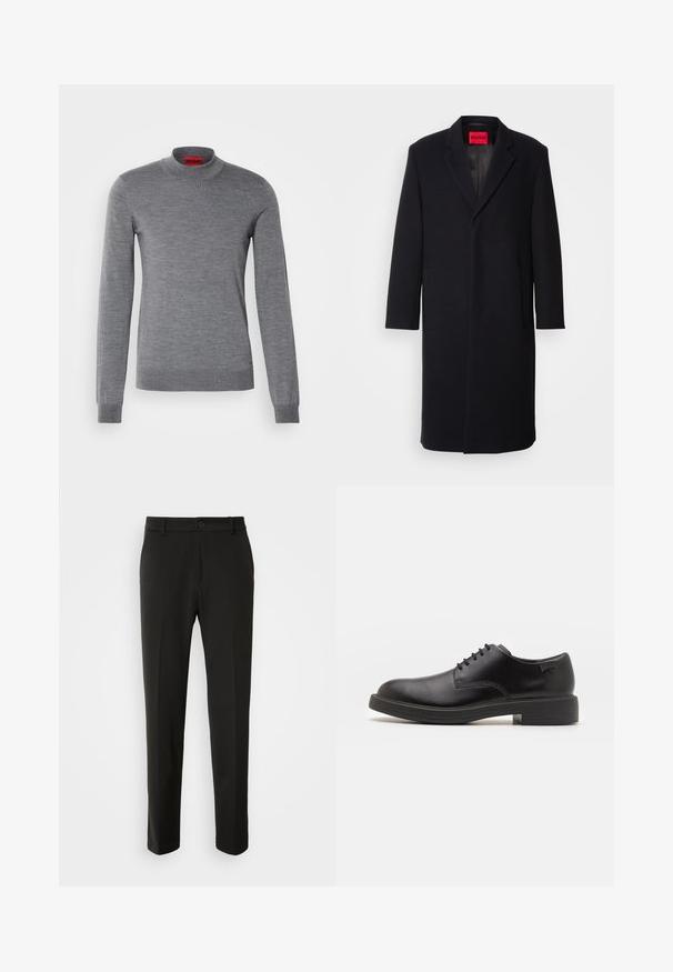 Zwarte wolmixjas met een geknipt revers, twee voorkruiszakken en een rechte snit. Bevat een rode merklabel aan de binnenkant. Glad van structuur.; Grijze gebreide trui met lange mouwen en een hoge hals. Beschikt over een gladde textuur en een subtiele glans, met een rode merketiket aan de kraag.; Zwarte broek van gladde stof, met rechte pijpen, een knoopsluiting en een klassiek ontwerp dat geschikt is voor zowel formele als casual gelegenheid.; Zwarte leren veterschoen met een ronde neus, een gladde textuur, minimale stiksels en een lage rubberen hak. Logo op de hak.