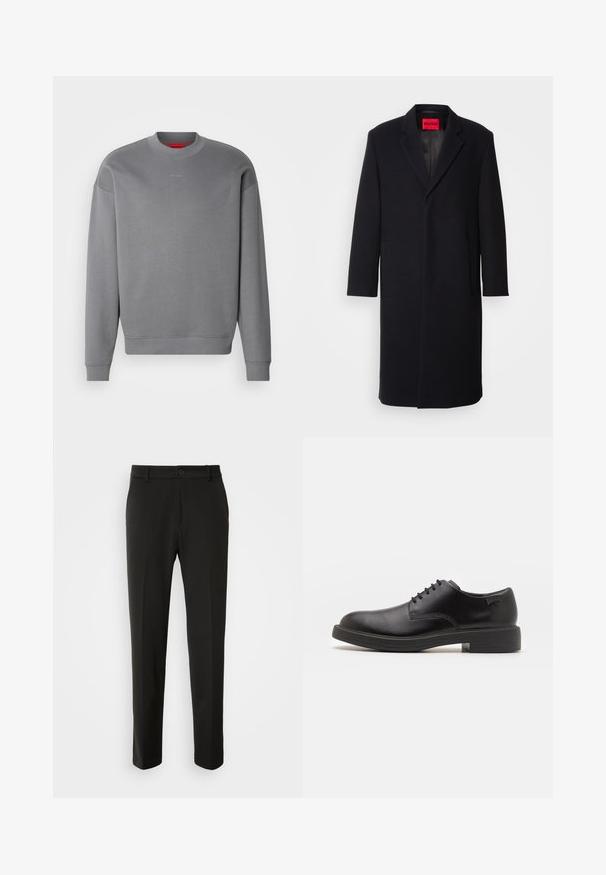 Cappotto in misto lana nero con rever a lancia, due tasche frontali e taglio dritto. Presenta un'etichetta rossa del marchio all'interno. Texture liscia.; HUGO DAPOCREW - Felpa - open grey; Pantaloni neri realizzati in tessuto liscio, con gamba dritta, chiusura con bottone e un design classico adatto per abbigliamento formale o casual.; Scarpa nera in pelle con lacci, punta tonda, texture liscia, cuciture minime e tacco in gomma basso. Logo sul tacco.