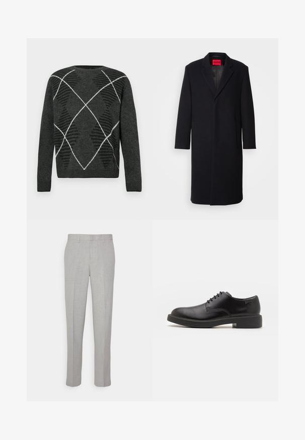 Zwarte wolmixjas met een geknipt revers, twee voorkruiszakken en een rechte snit. Bevat een rode merklabel aan de binnenkant. Glad van structuur.; Donkergrijze trui met een gestructureerd argyle-patroon in zwart en wit. Heeft een ronde hals en geribde manchetten. Zacht materiaal, lange mouwen.; Lichtgrijze broek met een gladde textuur, platte voorkant en rechte pijpen. Gemaakt van ademend materiaal, met interne zakken en riemlussen.; Zwarte leren veterschoen met een ronde neus, een gladde textuur, minimale stiksels en een lage rubberen hak. Logo op de hak.
