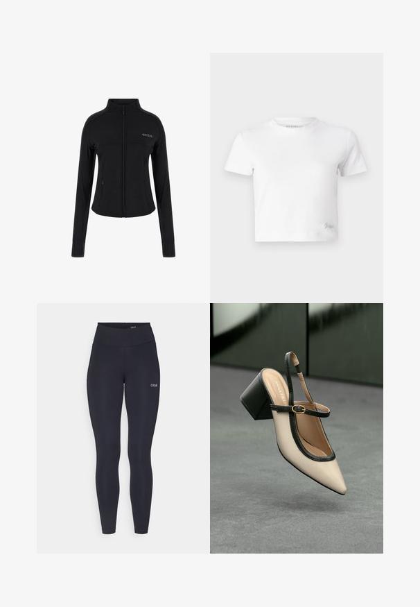 Juodas užtrauktukas striukė su ilgomis rankovėmis, pagaminta iš lygaus audinio, pasižyminti pritaikytu dizainu ir subtiliu logotipu ant viršutinės kairės krūtinės.; Balta trumpa marškinėlių suapvalinta iš lygios medvilnės, su aukštu iškirpimu ir trumpomis rankovėmis. Mažas išsiuvinėtas logotipas apatinėje kampe.; Juodos sportinės tigės su aukštu liemeniu, pagamintos iš tamprios medžiagos, su maža balta logo ant šlaunies ir lygiu paviršiumi.; Šviesiai rudos suknelės bateliai su juodu apvadu, auksine sagtimi ir masyviu blokiniu kulnu, stovintys ant pilkos grindų su tamsiai žalia fonu.