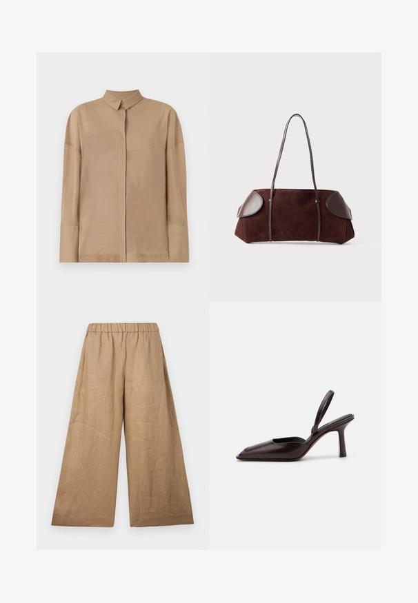 Elfenbeinfarbener Trenchcoat mit breitem Kragen, langen Ärmeln, Gürtel und seitlichen Taschen. Hergestellt aus leichtem Stoff mit strukturierter Oberfläche.; Beige Langarmhemd aus leichtem Stoff mit klassischem Kragen, versteckter Knopfleiste und dezenten Nähten an den Ärmeln.; Leinen-Hose mit weitem Bein in einem hellbraunen Farbton, ausgestattet mit einem gerafften elastischen Bund und einer glatten, strukturierten Oberfläche.; Braune patentierte Leder-Slingback-Pumps mit spitzem Zehenbereich und schlankem, hohen Absatz. Bietet ein elegantes Design und eine glatte Oberflächenstruktur.; Braune Wildledertasche mit Lederakzenten, strukturiertem Design, doppelten Schulterriemen und abgerundeten Kanten, ausgestattet mit einer glatten Textur und minimalem Hardware.