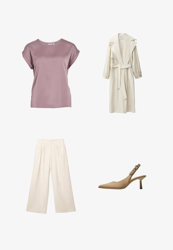 Slonovinový trenčkot s širokým límečkem, dlouhými rukávy, páskem a bočními kapsami. Vyroben z lehkého materiálu s texturovaným povrchem.; Tričko s krátkým rukávem a kulatým výstřihem v jemné narůžovělé barvě, vyrobené z hladkého, lehkého materiálu s ohrnutými rukávy a volným střihem.; Kalhoty s širokými nohavicemi v světlé béžové barvě s jemnou, strukturovanou tkaninou. Disponují předními sklady a elastickým pasem pro pohodlné nošení.; Beige slingback lodičky s špičatou špičkou, texturovaným semišem a štíhlým podpatkem. Nabízí nastavitelné přezkové zapínání pro bezpečné uchycení.