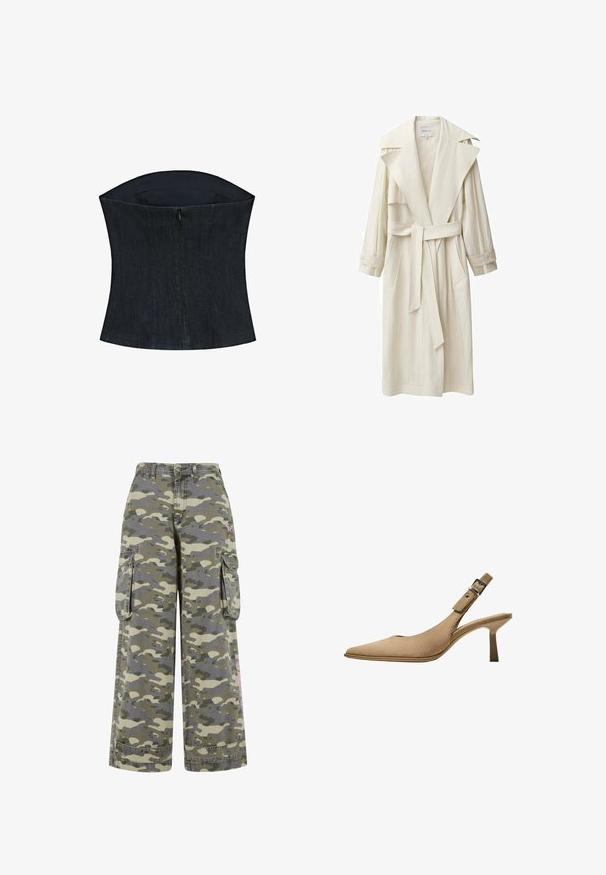 Slonovinový trenčkot s širokým límečkem, dlouhými rukávy, páskem a bočními kapsami. Vyroben z lehkého materiálu s texturovaným povrchem.; Tmavě modrý denimový korzetový top se strukturovaným siluetou, vyznačující se vysokým výstřihem a centrálním zipem na zadní straně. Hladká textura.; Cargo kalhoty s maskáčovým vzorem v zelené a béžové barvě, volného střihu, se dvěma bočními kapsami a růžovým akcentem na noze.; Beige slingback lodičky s špičatou špičkou, texturovaným semišem a štíhlým podpatkem. Nabízí nastavitelné přezkové zapínání pro bezpečné uchycení.