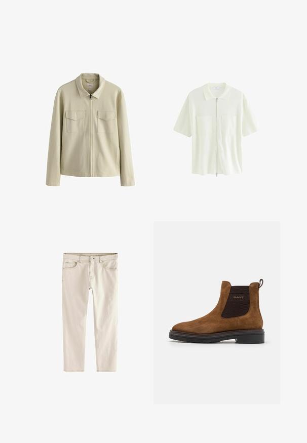 Gai beige krāpnieciska jaka ar apkakli, divām krūšu kabatām un sānu kabatām. Izgatavota no teksturēta auduma ar brīvu piegriezumu.; Īsām piedurknēm, balts jaku krekls, izgatavots no teksturēta auduma, ar apkakles izgriezumu un divām priekšējām kabatām ar kvadrātveida vāciņiem.; Gaiši beidži slim-fit džinsi ar taisnu kāju, piecām kabatām, ar pogu un rāvējslēdzēju, kā arī pastiprinātu šuvju. ; Brūna zamša potīte ar noapaļotu purngalu un elastīgām sānu paneļu. Iezīmes melns teksturēts accents un cilpa aizmugurē. Melna zole.