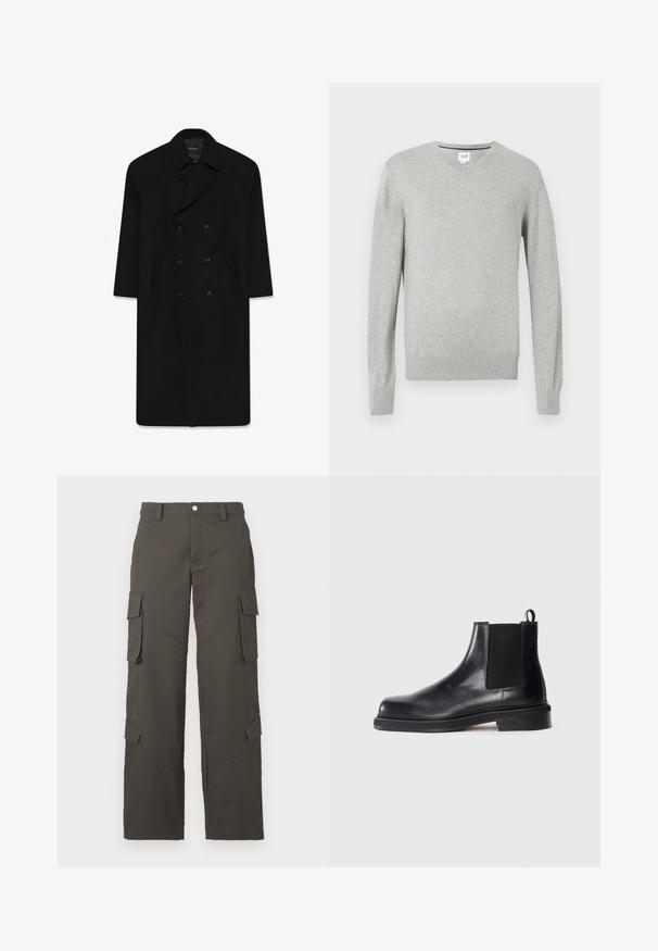 Schwarzer Doppelreißverschluss-Mantel mit Reverskragen, zwei Fronttaschen und geradem Schnitt. Hergestellt aus Wollstoff mit glatter Textur.; Hellgrauer Pullover, V-Ausschnitt, lange Ärmel, gerippte Bündchen und Saum, weicher Stoff. Markenlabel an der Halsöffnung.; Weißes Baumwoll-T-Shirt mit Rundhalsausschnitt, kurzen Ärmeln und lockerer Passform. Glatte Textur, keine Muster oder Verzierungen.; Dunkelgraue gerade Cargo-Hosen mit Knopfverschluss und vier Klappentaschen, zwei an den Oberschenkeln und zwei nahe den Waden.; Schwarze Leder Chelsea-Stiefel mit elastischem Seitenpanel, runder Zehenpartie, Zugschlaufe an der Ferse und niedrigem, gestapeltem Absatz auf einfarbigem Hintergrund.