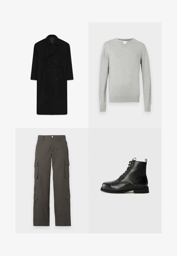 Cappotto nero doppiopetto con collo a rever, due tasche frontali e taglio dritto. Realizzato in tessuto di lana con una texture liscia.; Maglione grigio chiaro, design a v, maniche lunghe, polsini e orlo a costine, texture morbida. Etichetta del marchio posizionata sul collo.; T-shirt bianca in cotone con collo rotondo, maniche corte e vestibilità rilassata. Tessuto liscio, senza motivi né decorazioni.; Pantaloni cargo dritti grigio scuro con chiusura a bottone e quattro tasche con pattina, due sulle cosce e due vicino ai polpacci.; Stivaletto in pelle nera con punta arrotondata, allacciatura frontale e suola in gomma testurizzata. Presenta una linguetta sul tallone e cuciture a contrasto.