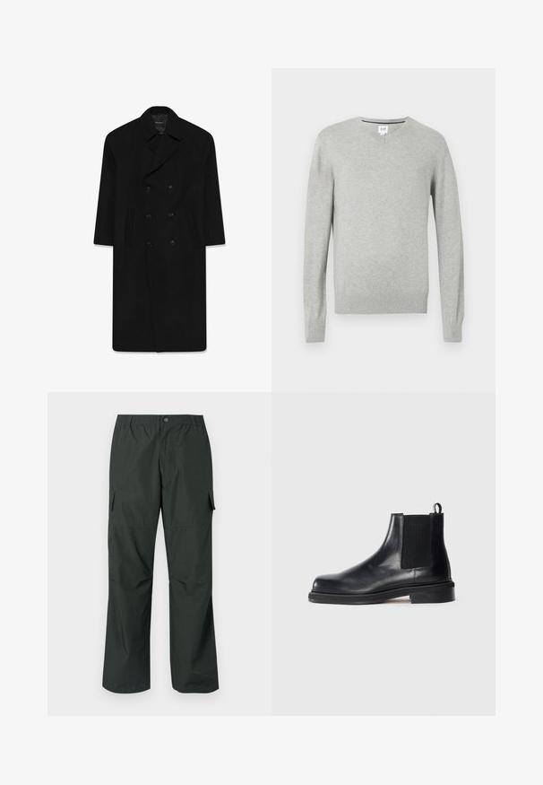 Mustmust ülikond, millel on klapp krae, kaks esist märkmeid ja sirge lõige. Valmistatud villast kangast, millel on sile tekstuur.; Kergelt hall kampsun, V-kaeluse disain, pikad varrukad, soonikkoesed ja ääred, pehme tekstuur. Brändi silt asub kaeluses.; Valge puuvillane T-särk, ümmarguse kaelusega, lühikeste varrukatega ja vabalt langeva lõikega. Sile tekstuur, ilma mustrite või kaunistusteta.; Tumed rohelised cargo püksid lõdva lõikega, elastse vöökoha, õmmeldud taskutega ja sileda, kerge kangatekstiiliga.; Mustmustööd mustast nahast Chelseaboot, elastse külgpaneeli, ümarate varvaste, kanna tõmbenööri ja madala klotsist tallaga, ühtlasel taustal.