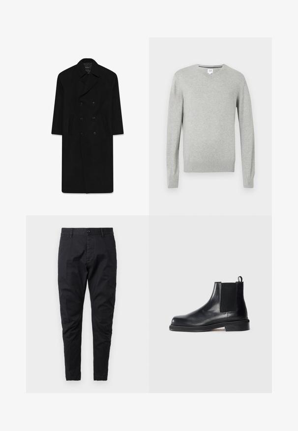 Cappotto nero doppiopetto con collo a rever, due tasche frontali e taglio dritto. Realizzato in tessuto di lana con una texture liscia.; Maglione grigio chiaro, design a v, maniche lunghe, polsini e orlo a costine, texture morbida. Etichetta del marchio posizionata sul collo.; T-shirt bianca in cotone con collo rotondo, maniche corte e vestibilità rilassata. Tessuto liscio, senza motivi né decorazioni.; Pantaloni in cotone neri con vestibilità slim, dotati di chiusura con bottone e tasche frontali. Texture liscia e design con gamba affusolata.; Stivale Chelsea in pelle nera con pannello elastico laterale, punta rotonda, linguetta sul tallone e suola bassa impilata su sfondo neutro.