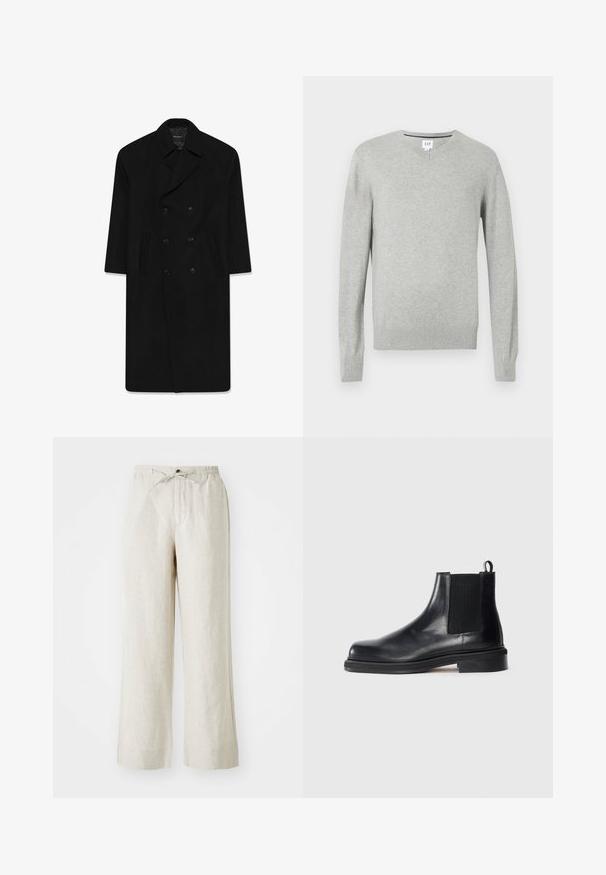 Mustmust ülikond, millel on klapp krae, kaks esist märkmeid ja sirge lõige. Valmistatud villast kangast, millel on sile tekstuur.; Kergelt hall kampsun, V-kaeluse disain, pikad varrukad, soonikkoesed ja ääred, pehme tekstuur. Brändi silt asub kaeluses.; Valge puuvillane T-särk, ümmarguse kaelusega, lühikeste varrukatega ja vabalt langeva lõikega. Sile tekstuur, ilma mustrite või kaunistusteta.; Soeebabakad heledas beežis, millel on lõtv sobivus, elastne vöökoht reguleeritava nööriga ja küljetaskud mugavuseks.; Mustmustööd mustast nahast Chelseaboot, elastse külgpaneeli, ümarate varvaste, kanna tõmbenööri ja madala klotsist tallaga, ühtlasel taustal.