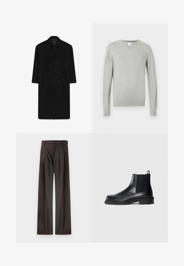 Černý dvouřadý kabát s klopovým límcem, dvěma předními kapsami a rovný střih. Vyrobený z vlněné látky s hladkou texturou.; Svetle šedý svetr, design s výstřihem do V, dlouhé rukávy, žebrované manžety a lem, měkká textura. Značka umístěná na výstřihu.; Bílá bavlněná tričko s kulatým výstřihem, krátkými rukávy a volným střihem. Hladká textura, bez vzorů nebo ozdob.; Kalhoty s širokými nohavicemi v tmavě hnědé látce. Mají hladkou texturu, strukturovaný pas a decentní přední skladby.; Černé kožené Chelsea boty s elastickým bočním panelem, kulatou špičkou, poutkem na patě a nízkou vrstvou podrážky na jednobarevném pozadí.