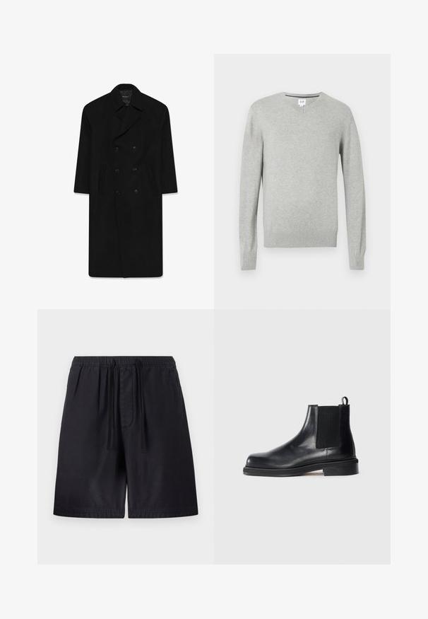 Mustapukuinen kaksirivinen takki, jossa on kauluskäänne, kaksi etutaskua ja suora leikkaus. Valmistettu villakankaasta, jossa on sileä pinta.; Vaaleanharmaa neule, V-pääntie, pitkät hihat, ribbireunat hihansuissa ja helmassa, pehmeä tekstuuri. Merkkilogo sijaitsee kaula-aukon kohdalla.; Valkoinen puuvillapaita, jossa on pyöreä kaula-aukko, lyhyet hihat ja rento istuvuus. Sileä pinta, ei kuvioita tai koristeita.; Mustat shortsit, joissa on joustava vyötärö ja kiristysnauha, sivutaskut ja kevyt kangas mukavuutta varten. Saumadetails näkyvillä.; Musta nahkainen Chelsea-saapas, jossa on elastinen sivupaneeli, pyöreä kärki, vetonauha kantapäässä ja matala pinoiltu pohja yksinkertaisella taustalla.