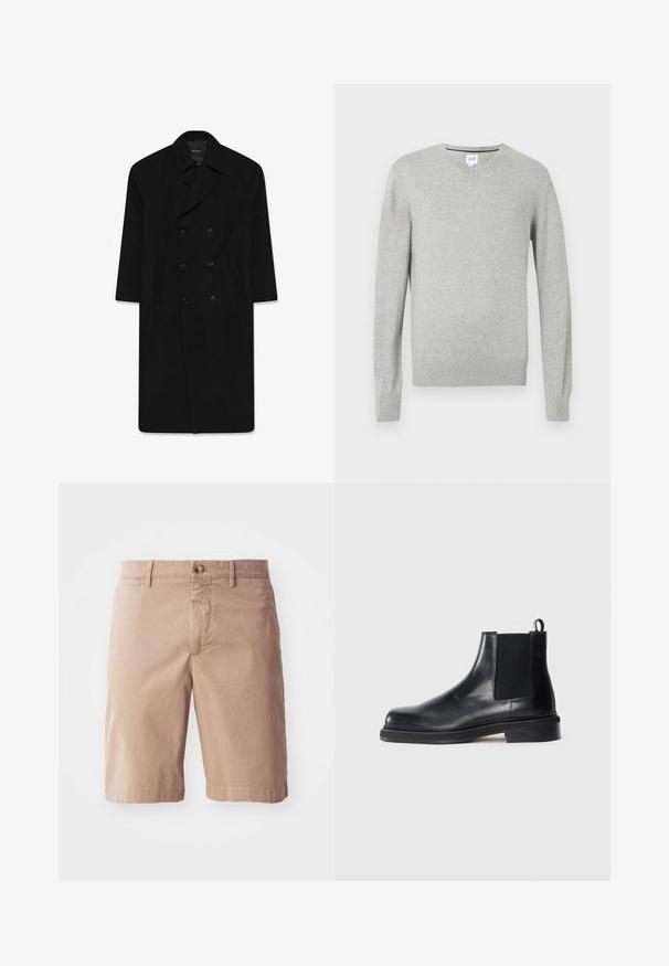 Čierny dvojradový kabát s klopovým golierom, dvoma prednými vreckami a rovnými líniami. Vyrobený z vlnenej tkaniny s hladkým povrchom.; Svetlošedý sveter, výstrih do V, dlhé rukávy, ribbované manžety a spodný lem, mäkká textura. Značka umiestnená na výstrihu.; Biela bavlnená tričko s okrúhlym výstrihom, krátkymi rukávmi a voľným strihom. Hladká textura, žiadne vzory ani ozdoby.; Béžové bavlnené šortky s rovnými nohavicami, s predným zapínaním na gombík a pútkami na opasok. Hladká textúra s minimálnymi švovými detailmi.; Čierne kožené Chelsea čižmy s elastickým bočným panelom, okrúhlou špičkou, pútkom na päte a nízkou stohovanou podrážkou na jednoduchom pozadí.