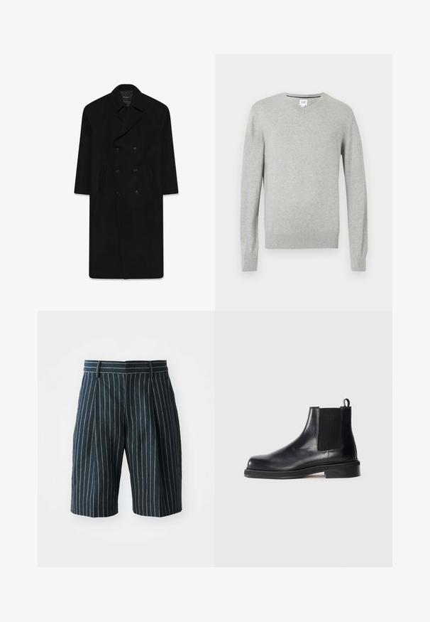 Juodas dvigubas kailis su apykakle, dviem priekinėmis kišenėmis ir tiesiu kirpimu. Pagamintas iš vilnos audinio, turinčio lygią tekstūrą.; Šviesiai pilka megztinis, V formos iškirptė, ilgomis rankovėmis, su nubrauktais rankogaliais ir apačia, minkšta tekstūra. Prekės ženklas pažymėtas ant kaklo.; Balta medvilnė marškinėliai su apvalia iškirpte, trumpomis rankovėmis ir laisvu siluetu. Lygus audinys, be raštų ar puošmenų.; Mėlyni dryžuoti šortai su tiesia kirpimo, turintys juosmenį ir klostes, pagaminti iš tekstūrinio audinio. Nėra matomų kišenių ar metalinių Detalių.; Juodas odinės Chelsea batai su elastinga šonine juostele, apvaliu pirštu, traukimo kilpute ant kulno ir žemu stumdomu padu ant vientiso fono.