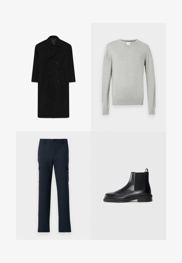 Zwarte dubbelzijdige jas met een reverskraag, twee voorzakken en een rechte snit. Gemaakt van wollen stof met een gladde textuur.; Lichtgrijze trui, v-hals ontwerp, lange mouwen, ribgebreide boorden en zoom, zachte textuur. Merkenlabel bevindt zich bij de halslijn.; Witte katoenen t-shirt met een ronde hals, korte mouwen en een comfortabele pasvorm. Een gladde textuur, zonder patronen of versieringen.; Marineblauwe cargo-broek van een gladde stof, met zijzakken, een sluiting met een knoop aan de voorkant en een recht model.; Zwarte leren Chelsea-boot met elastische zijpanelen, ronde neus, aantrekband bij de hiel en een lage gestapelde zool op een effen achtergrond.