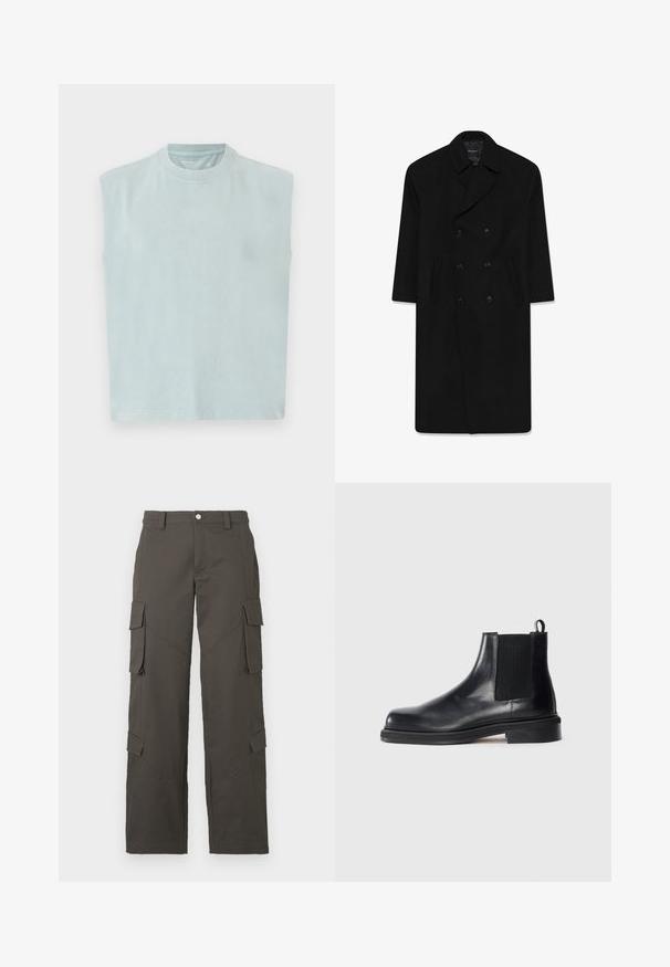 Črn dvoredni plašč z rever ovratnikom, dvema sprednjima žepoma in ravnim krojem. Izdelan iz volnenega blaga z gladko teksturo.; Svetlo sivi pulover, oblik v vratu v črko V, dolgi rokavi, rebrasti manšeti in ob robu, mehak material. Oznaka blagovne znamke se nahaja ob ovratniku.; Svijetloplavi bezrukavnjak s okruglim izrezom, izrađen od mekanog materijala, s ravnim krojem i minimalističkim dizajnom.; Temno sivi naravnost krojeni cargo hlače z gumbom in štirimi žepki s poklopcem, dvema na stegnih in dvema ob mečih.; Črne usnjene Chelsea škornje z elastičnim stranskim panelom, okroglo točko, zanko na peti in nizko sprednje obloženim podplatom na enotnem ozadju.