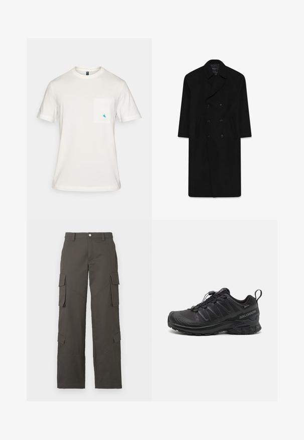 Fekete, dupla soros kabát, lapel gallérral, két elülső zsebből és egyenes szabással. Gyapjú anyagból készült, sima tapintással.; Világosszürke pulóver, V nyakú fazon, hosszú ujjak, bordázott mandzsetták és szegély, puha textúra. Márkajelzés a nyakrésznél található.; Fehér pamut póló rövid ujjakkal, kerek nyakkal, és bal mellen egy zsebbel, amelyen egy kicsi kék háromszöglogó található.; Sötétszürke egyenes szárú cargo nadrág gombos záródással és négy hajtókás zsebbel, kettő a combon és kettő a vádlinál.; Fekete sportcipő, texturált szintetikus felsőrésszel, párnázott talppal és gyorsfűző rendszerrel. Erősített orral és sarokkal rendelkezik.