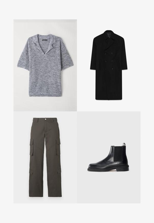 Černý dvouřadý kabát s klopovým límcem, dvěma předními kapsami a rovný střih. Vyrobený z vlněné látky s hladkou texturou.; Svetle šedý svetr, design s výstřihem do V, dlouhé rukávy, žebrované manžety a lem, měkká textura. Značka umístěná na výstřihu.; Pulovr s krátkým rukávem z texturované pleteniny, s V-výstřihem a v šedoblémodé barvě se subtilním vzorem. Měkký, lehký materiál.; Tmavě šedé cargo kalhoty rovného střihu s zapínáním na knoflík a čtyřmi klopovými kapsami, dvě na stehnech a dvě poblíž lýtek.; Černé kožené Chelsea boty s elastickým bočním panelem, kulatou špičkou, poutkem na patě a nízkou vrstvou podrážky na jednobarevném pozadí.