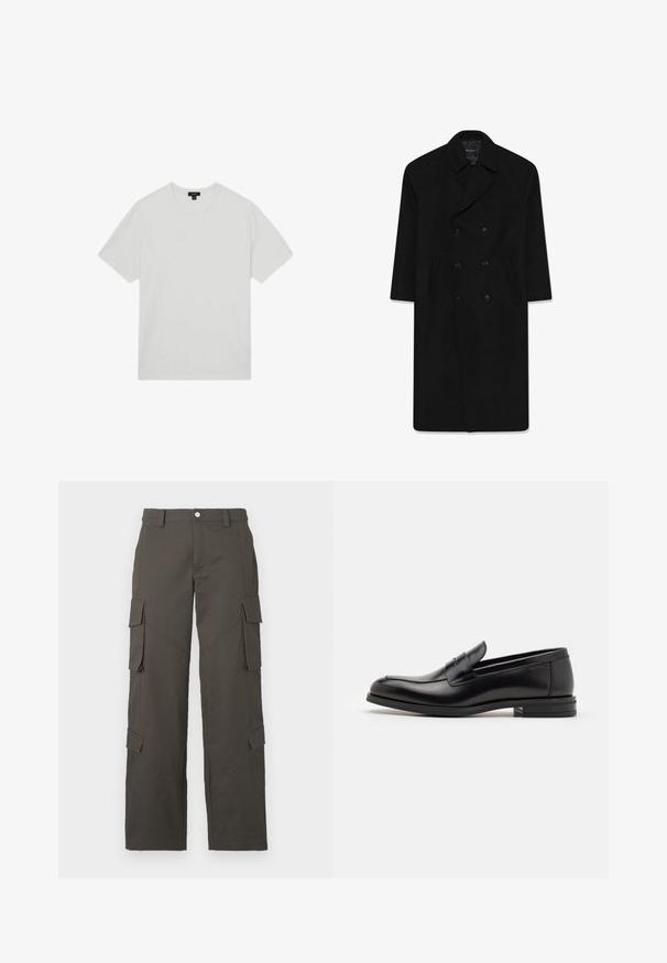 Sort dobbeltbrystet frakke med reverskrave, to forlommer og lige snit. Fremstillet af uldstof med en glat tekstur.; Lys grå sweater med v-hals-design, lange ærmer, ribbede manchetter og kant, blød tekstur. Mærkelabel placeret ved halsudskæringen.; Hvid bomulds t-shirt med rund hals, korte ærmer og en afslappet pasform. Glat tekstur, ingen mønstre eller udsmykninger.; Mørkegrå straight-leg cargo bukser med knaplukning og fire klaplommer, to på lårene og to nær læggene.; Sorte læderloafers med en glat overflade, rund tå og en dekorativ strop over vampen. Lav hæl med stabeldesign, minimalistisk stil.