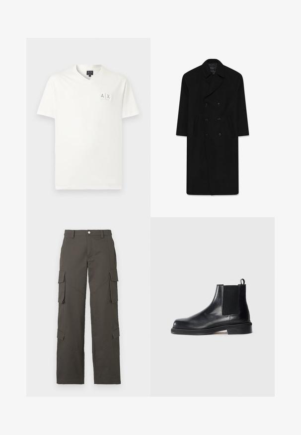 Melnā divrindu uzvalka jaka ar klātbātes apkakli, divām priekšējām kabatām un taisnu piegriezumu. Izgatavota no vilnas auduma ar gludu tekstūru.; Gaiši pelēks džemperis, ar V veida kaklu, garām piedurknēm, ribota apkakle un apakša, mīksta tekstūra. Zīmola uzlīme atrodas uz kakla.; Balta kokvilnas t-krekls ar V veida kakla izgriezumu un īsām piedurknēm. Uz krūšu kabatas zonas ir neliels pelēks logo. Gluda tekstūra un ikdienišķs dizains.; Tumši pelēki taisnas kājas kravas bikses ar pogu aizdari un četriem kabatām ar vāku, divām uz augšstilbiem un divām tuvu teļiem.; Melnas ādas Čēzija zābaki ar elastīgu sānu paneli, noapaļota pirksta daļa, cilpa pie papēža un zema klāja zole uz vienkārša fona.